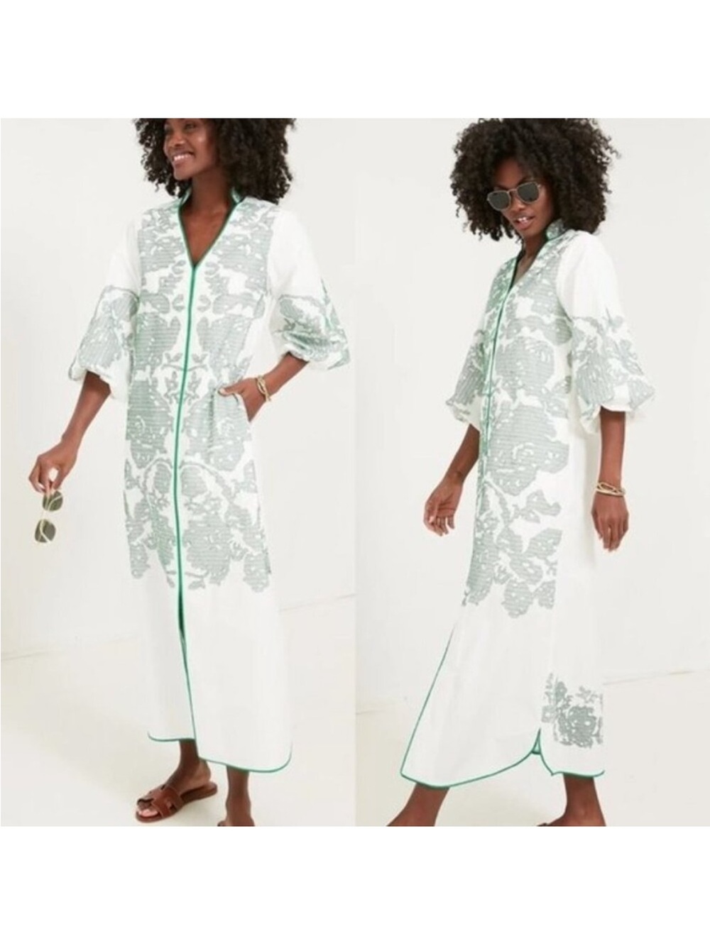 Hyacinth House White and Green Embroidered Bohemian Arem Maxi Dress Size XXS - Picture 2 of 5